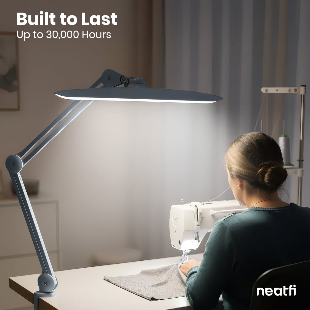 20” Wide Head LED Desk Lamp with Clamp – 2200 Lumens Task Light for Home Office & Crafts, Gray