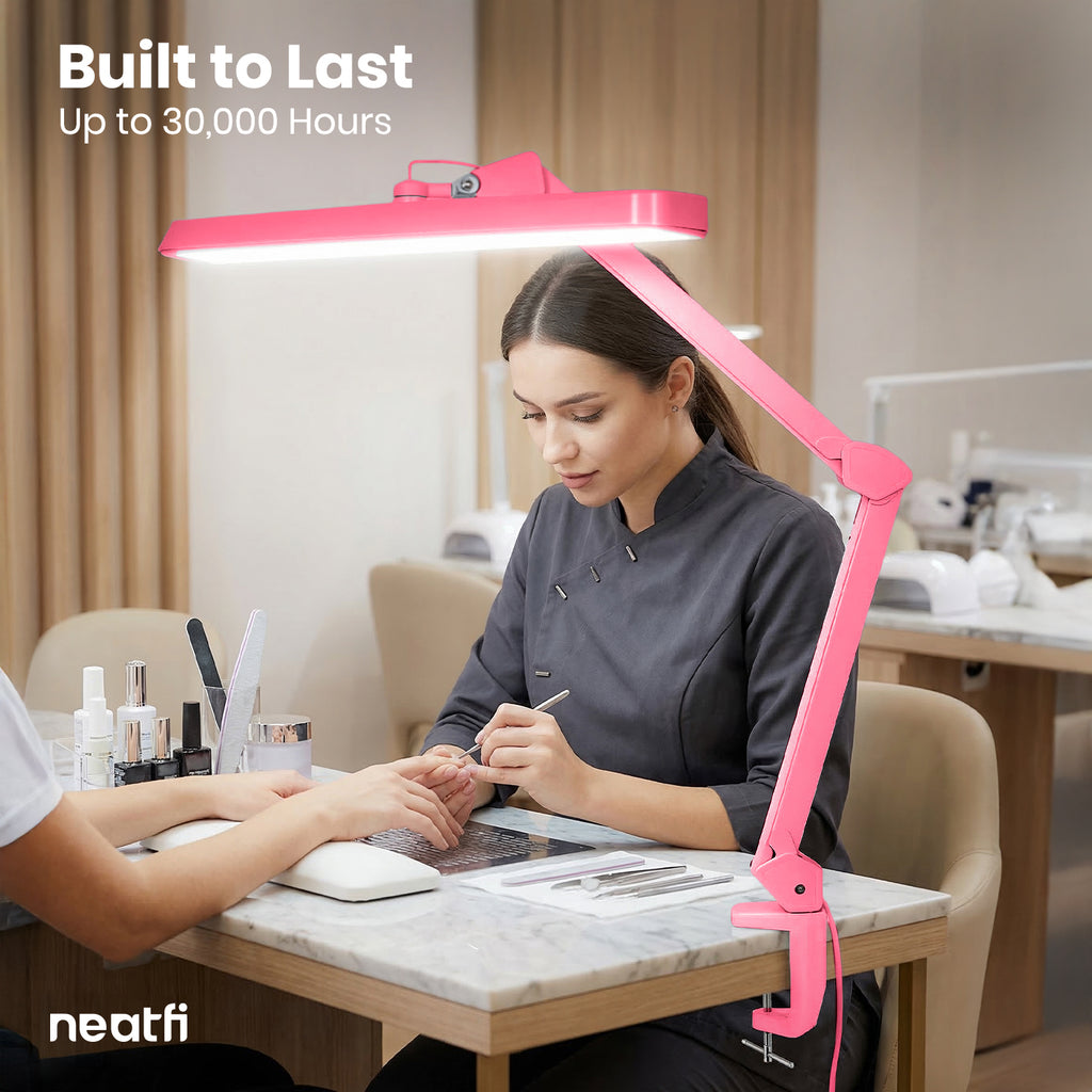 22” Wide Shade LED Desk Lamp with Clamp – 2500 Lumens Task Light for Workbench & Crafts, Pink