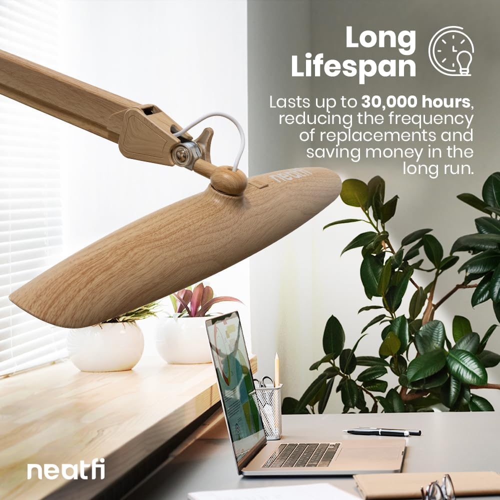 20” Wide Head LED Desk Lamp with Clamp – 2200 Lumens Task Light for Home Office & Crafts, Brown Wood