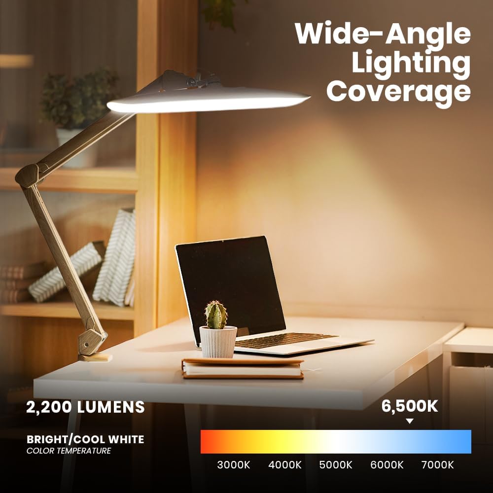 20” Wide Head LED Desk Lamp with Clamp – 2200 Lumens Task Light for Home Office & Crafts, Brown Wood