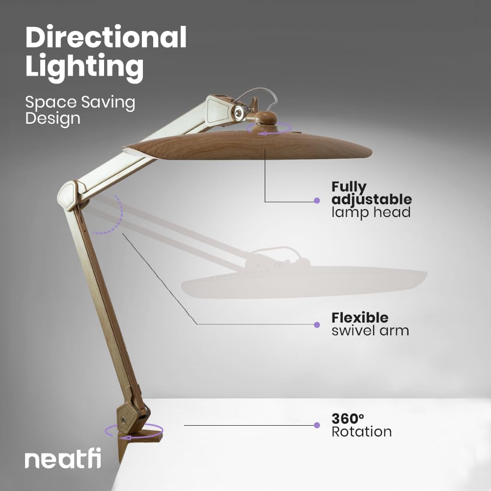 20” Wide Head LED Desk Lamp with Clamp – 2200 Lumens Task Light for Home Office & Crafts, Brown Wood