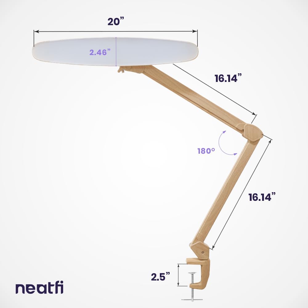 20” Wide Head LED Desk Lamp with Clamp – 2200 Lumens Task Light for Home Office & Crafts, Brown Wood