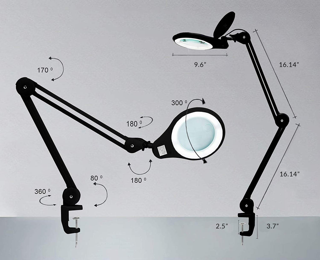 5" Wide 8D Lens – 1200 Lumens LED Magnifying Lamp with Clamp for Crafts & Detail Works, Black