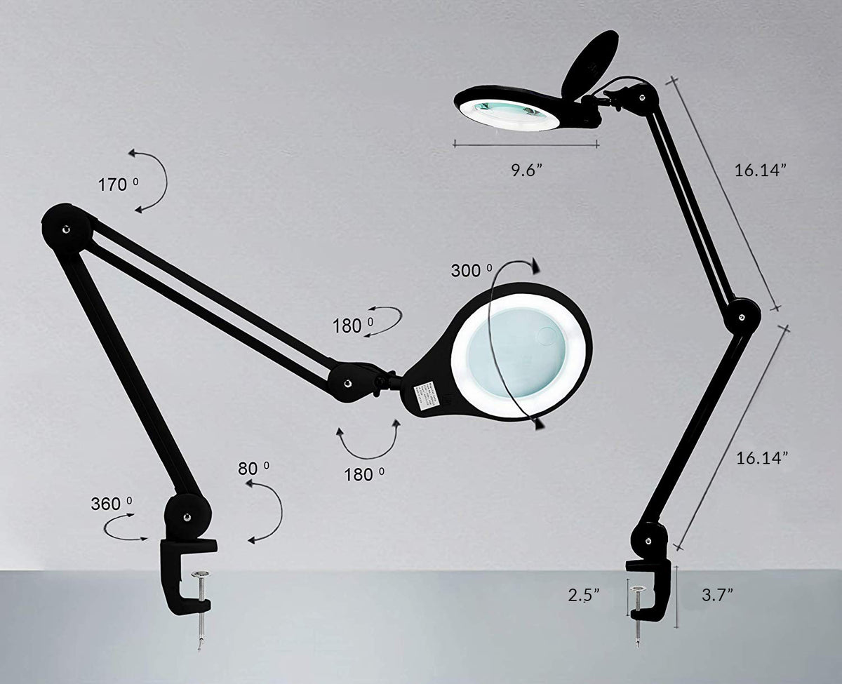 5" Wide 8D Lens – 1200 Lumens LED Magnifying Lamp with Clamp for Crafts & Detail Works, Black