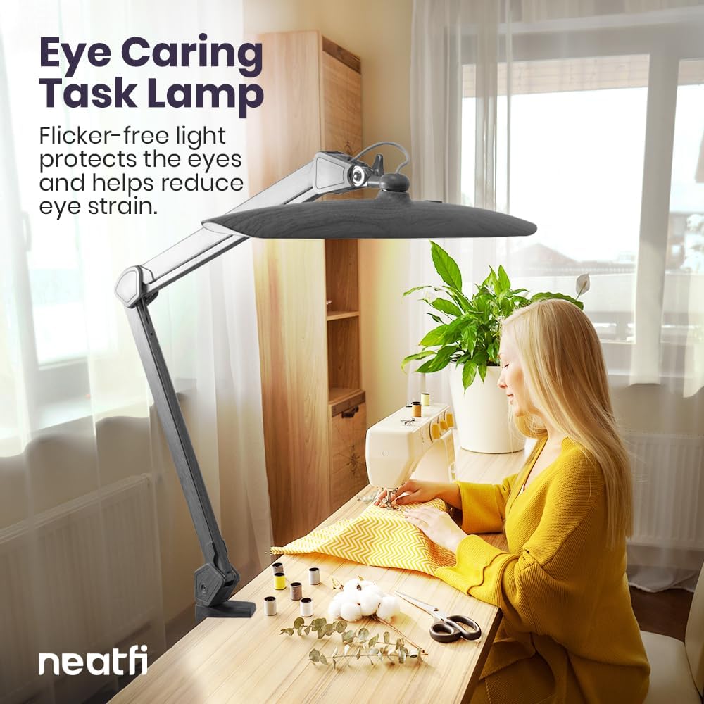 20” Wide Head LED Desk Lamp with Clamp – 2200 Lumens Task Light for Home Office & Crafts, Gray Wood