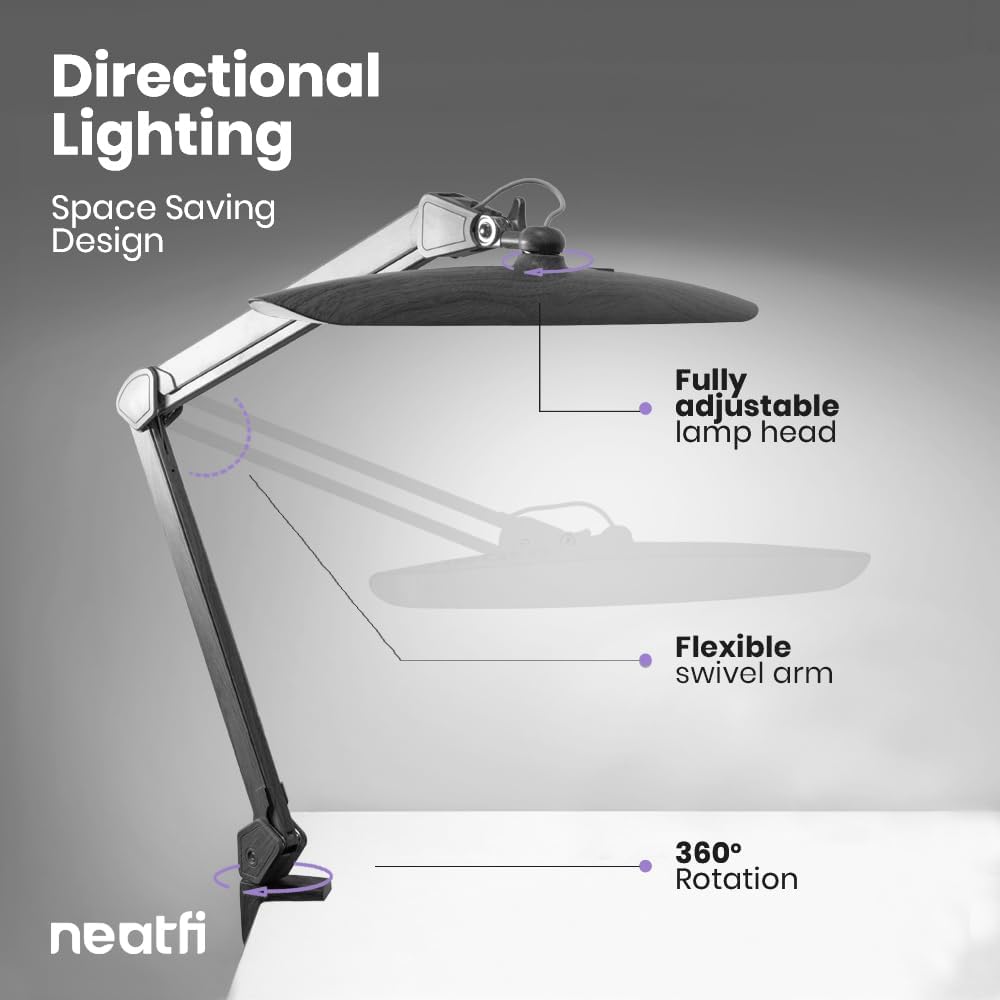 20” Wide Head LED Desk Lamp with Clamp – 2200 Lumens Task Light for Home Office & Crafts, Gray Wood
