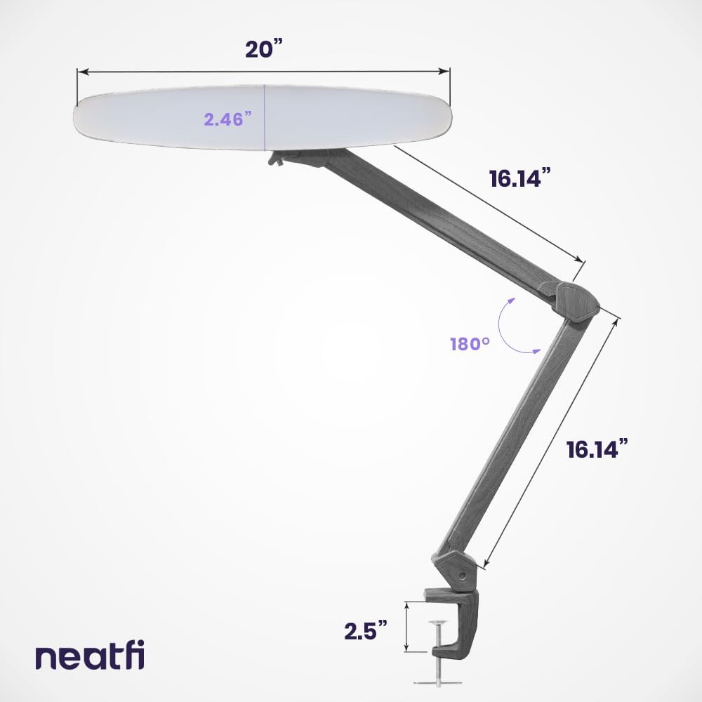 20” Wide Head LED Desk Lamp with Clamp – 2200 Lumens Task Light for Home Office & Crafts, Gray Wood