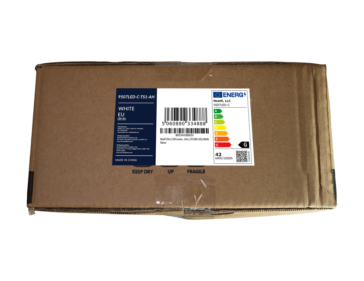 neatfi brown box packaging side view with sticker label and energy label