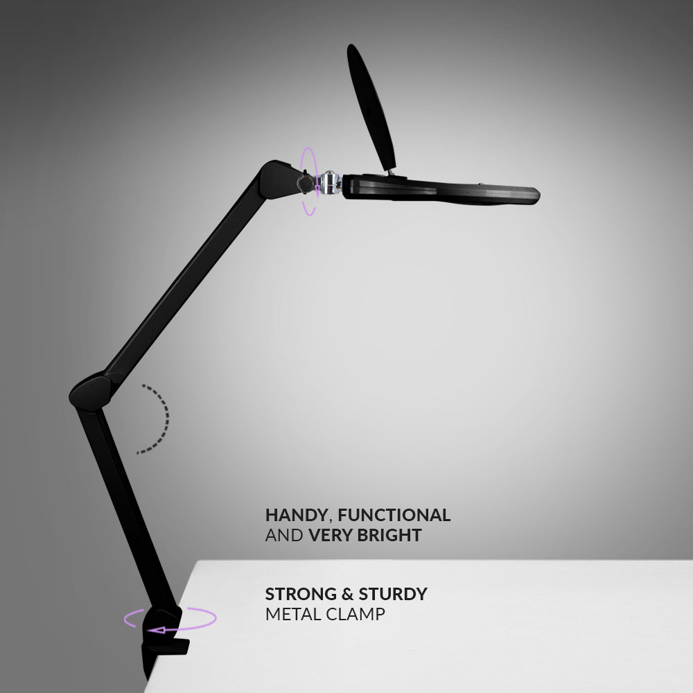 6" Glass Lens Elite Magnifying Lamp with Clamp – Glare-Free, Non-polar Dimming for Reading, Black