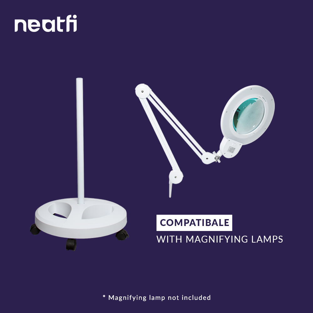 6-Wheel Rolling Base Floor Stand – Compatible for LED Desk Lamps & Magnifying Lamps, White