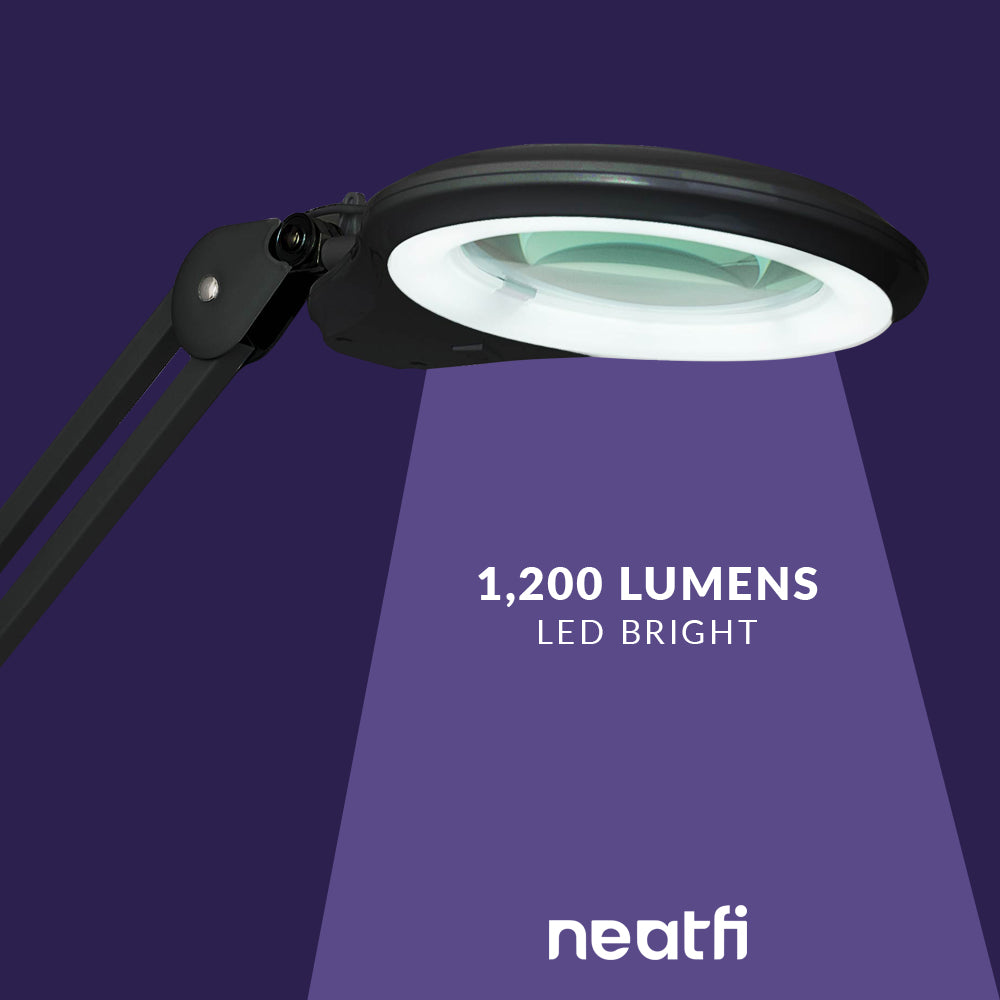 5" Wide 5D Lens – 1200 Lumens LED Magnifying Lamp with Clamp for Crafts & Detail Works, Black