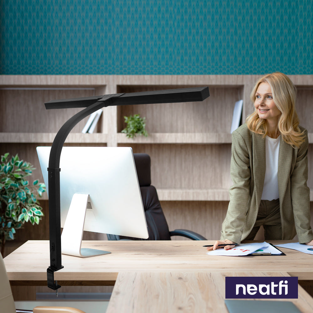3000 Lumens Desk Lamp with Clamp – 31.5” Wide Shade, 5 Light Modes, Dimmable Monitor Light, Black