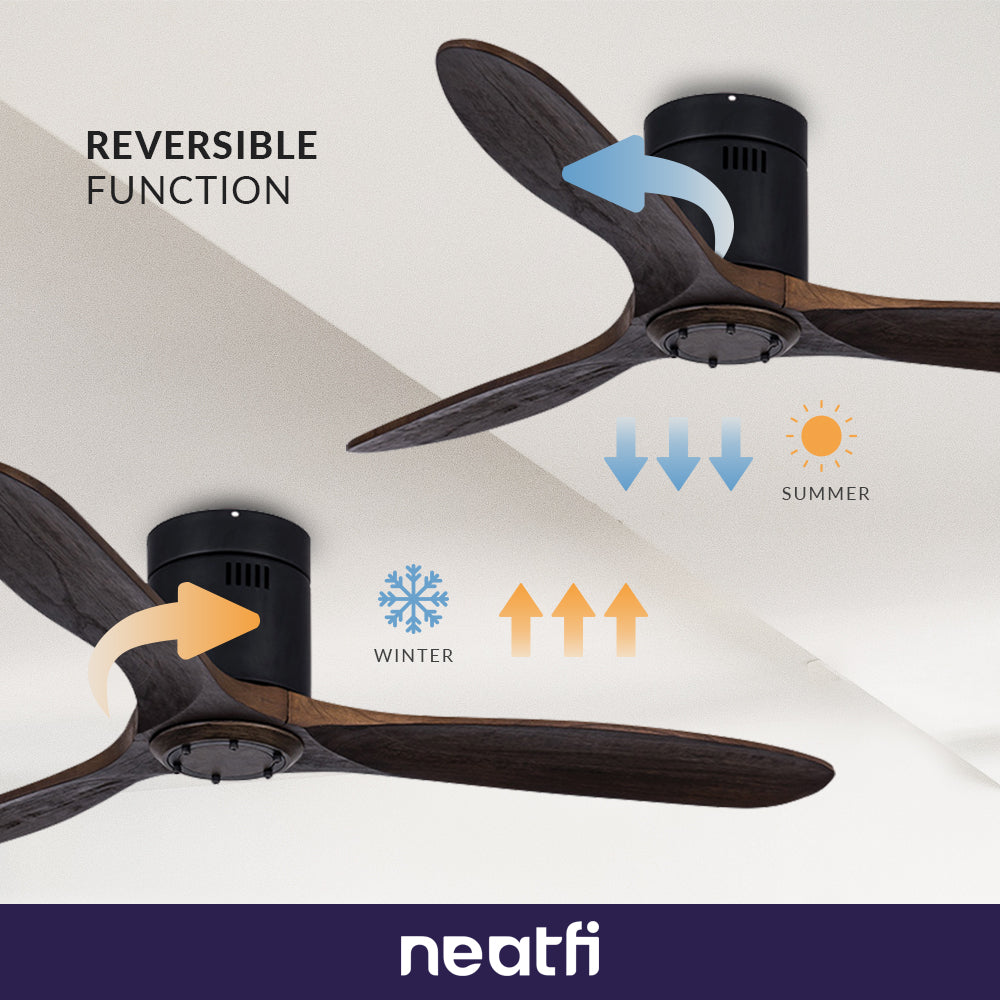 52-inch Ceiling Fan with Remote – 3 Solid Wood Blades, 6-Speed, Quiet DC Motor, Flush Mount, Brown