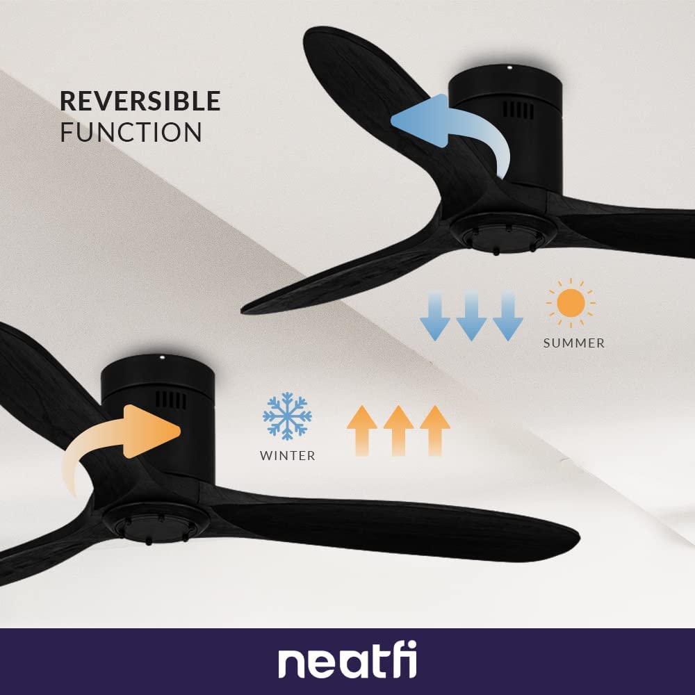 52-inch Ceiling Fan with Remote – 3 Solid Wood Blades, 6-Speed, Quiet DC Motor, Flush Mount, Black