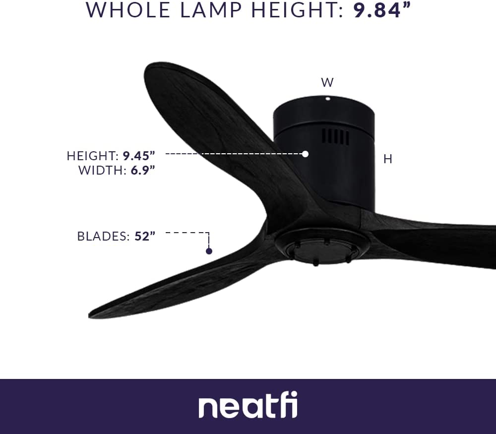 52-inch Ceiling Fan with Remote – 3 Solid Wood Blades, 6-Speed, Quiet DC Motor, Flush Mount, Black