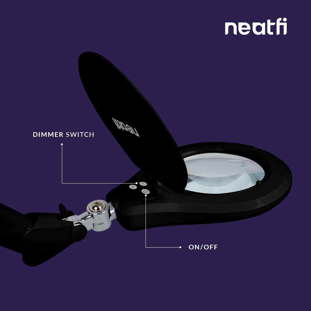 6" Glass Lens Elite Magnifying Lamp with Clamp – Glare-Free, Non-polar Dimming for Reading, Black