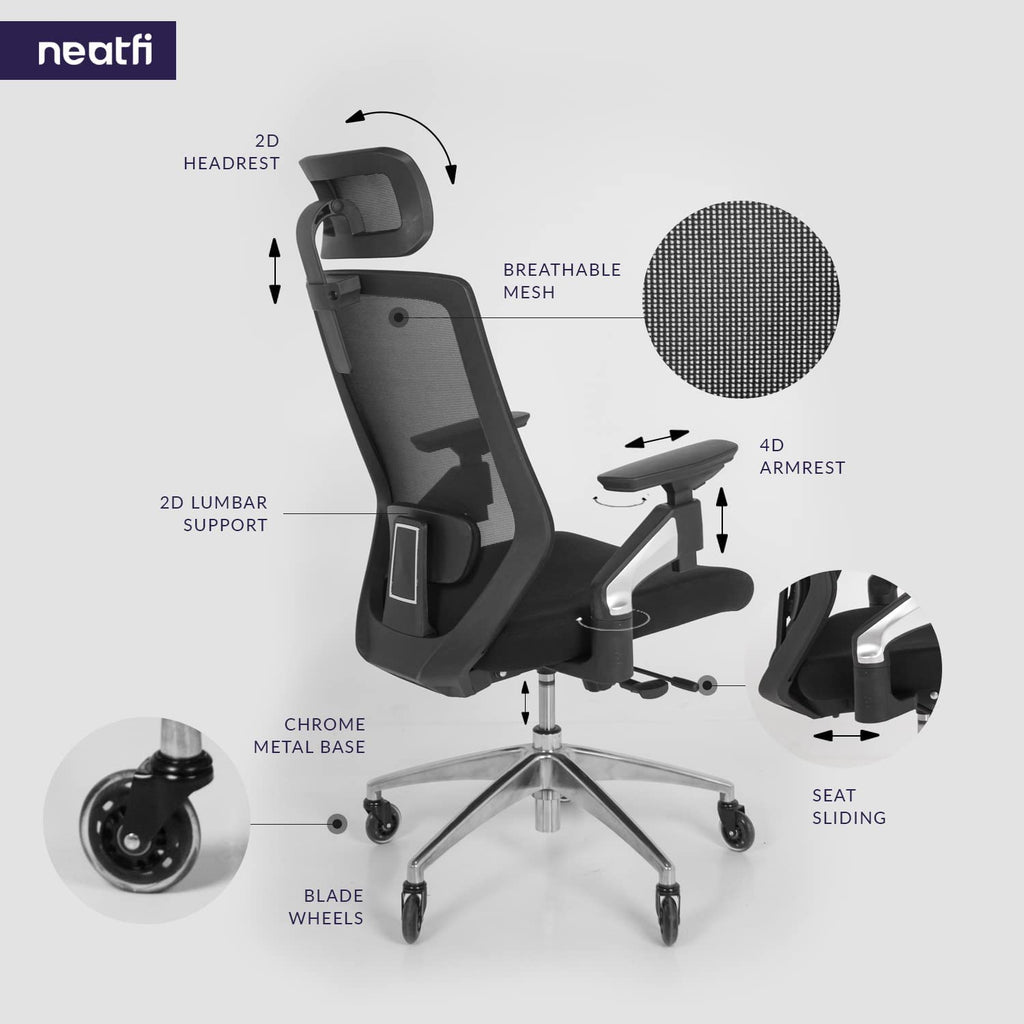 Chaise de bureau Zen avec accoudoirs 4D, appui-tête 2D, soutien lombaire et assise coulissante, chaise en maille à dossier haut avec cadre dorsal en nylon (noir)