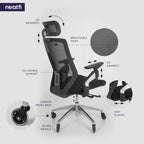 Chaise de bureau Zen avec accoudoirs 4D, appui-tête 2D, soutien lombaire et assise coulissante, chaise en maille à dossier haut avec cadre dorsal en nylon (noir)