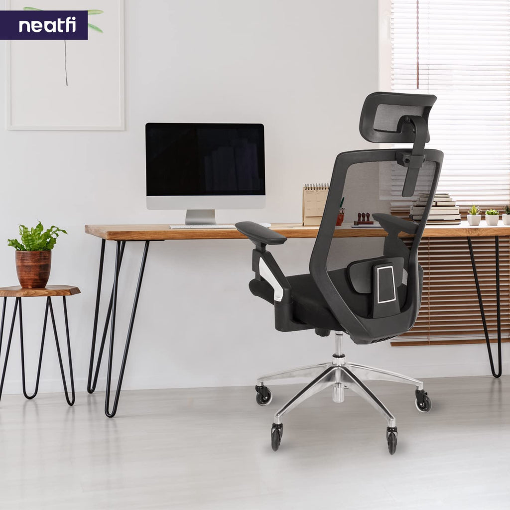 Chaise de bureau Zen avec accoudoirs 4D, appui-tête 2D, soutien lombaire et assise coulissante, chaise en maille à dossier haut avec cadre dorsal en nylon (noir)