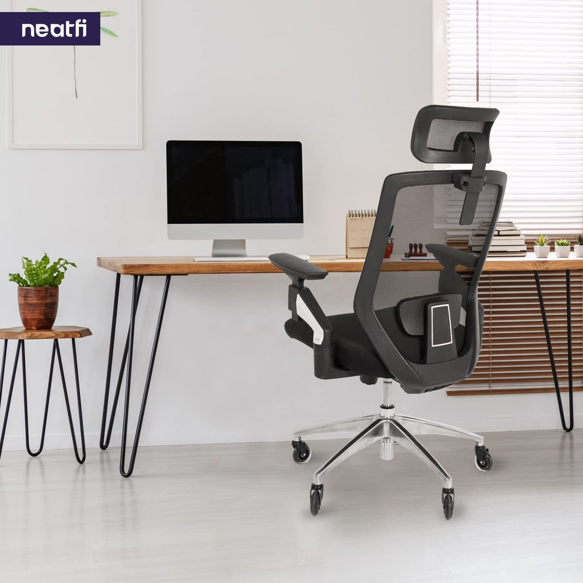 Chaise de bureau Zen avec accoudoirs 4D, appui-tête 2D, soutien lombaire et assise coulissante, chaise en maille à dossier haut avec cadre dorsal en nylon (noir)