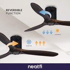 60-inch Ceiling Fan with Remote – 3 Solid Wood Blades, 6-Speed, Quiet DC Motor, Flush Mount, Brown