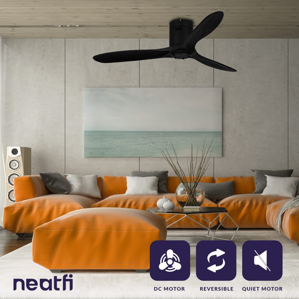 52-inch Ceiling Fan with Remote – 3 Solid Wood Blades, 6-Speed, Quiet DC Motor, Flush Mount, Black