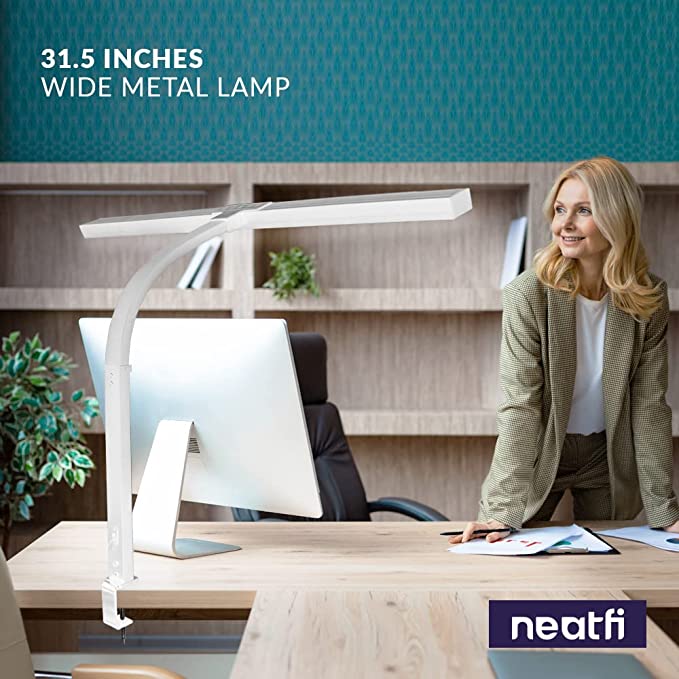 3000 Lumens Desk Lamp with Clamp – 31.5” Wide Shade, 5 Light Modes, Dimmable Monitor Light, White