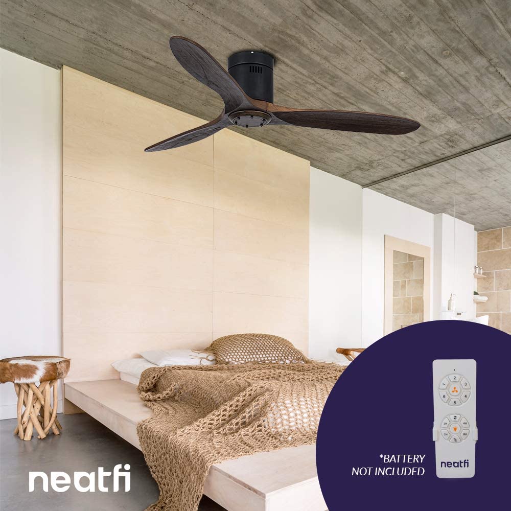 60-inch Ceiling Fan with Remote – 3 Solid Wood Blades, 6-Speed, Quiet DC Motor, Flush Mount, Brown