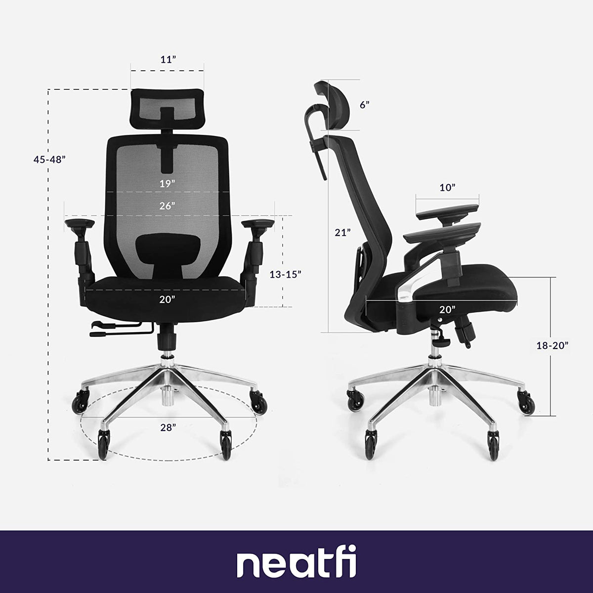 Chaise de bureau Zen avec accoudoirs 4D, appui-tête 2D, soutien lombaire et assise coulissante, chaise en maille à dossier haut avec cadre dorsal en nylon (noir)