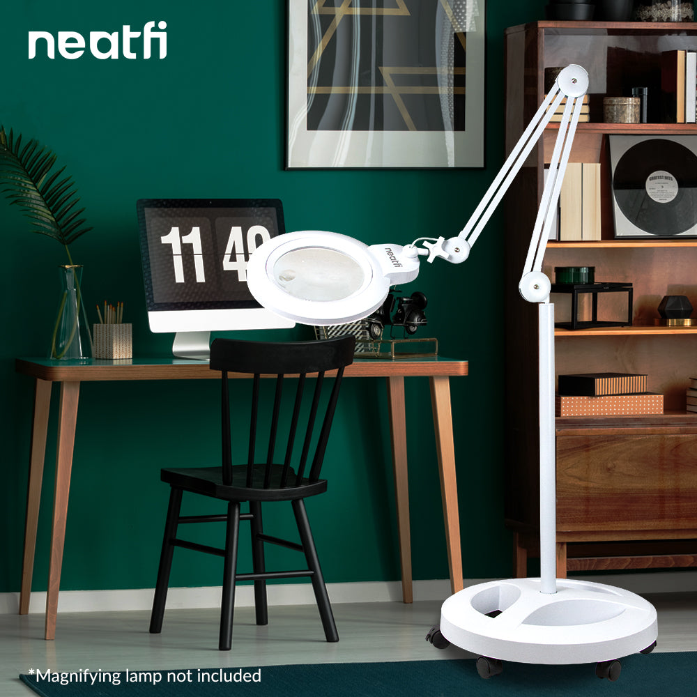 6-Wheel Rolling Base Floor Stand – Compatible for LED Desk Lamps & Magnifying Lamps, White