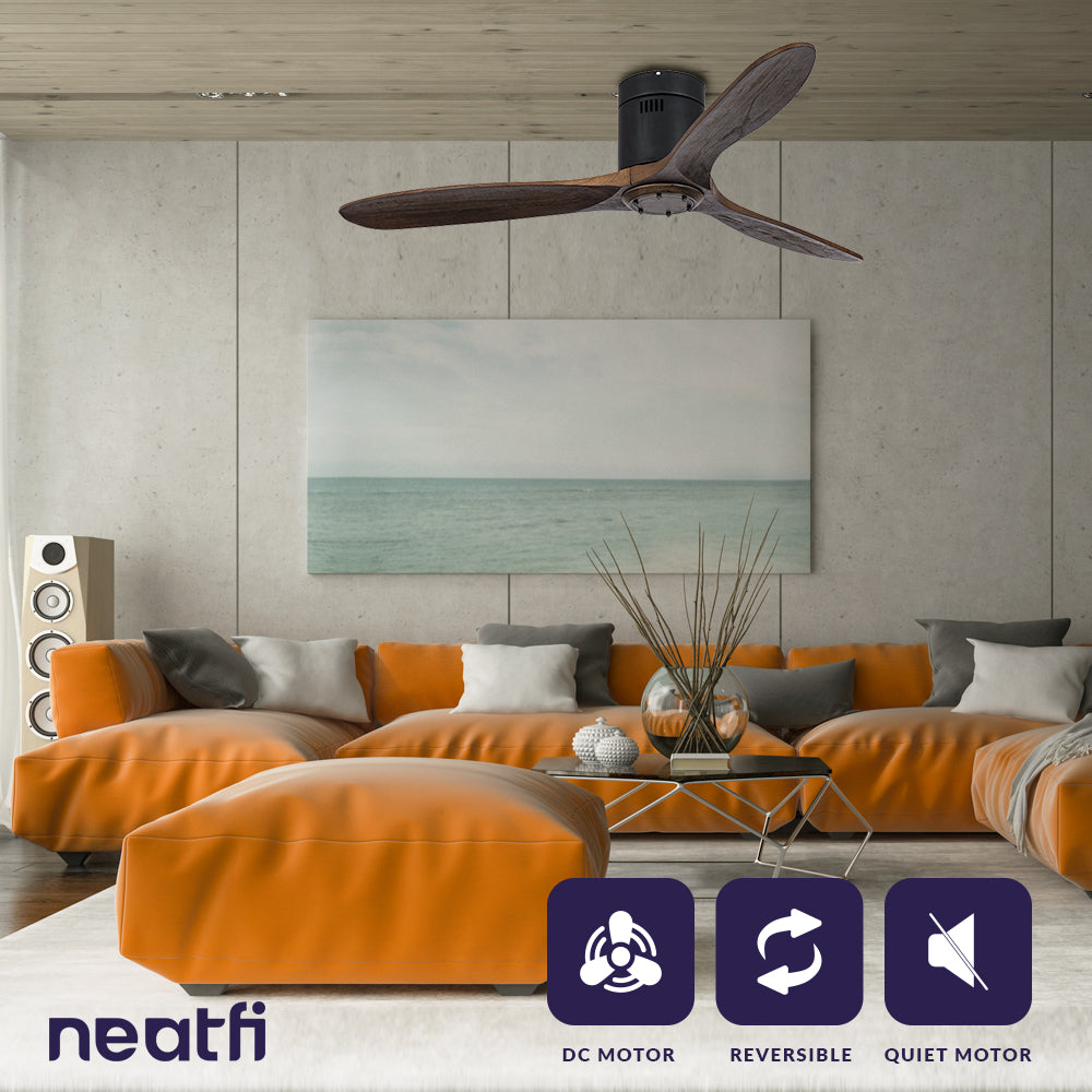 52-inch Ceiling Fan with Remote – 3 Solid Wood Blades, 6-Speed, Quiet DC Motor, Flush Mount, Brown