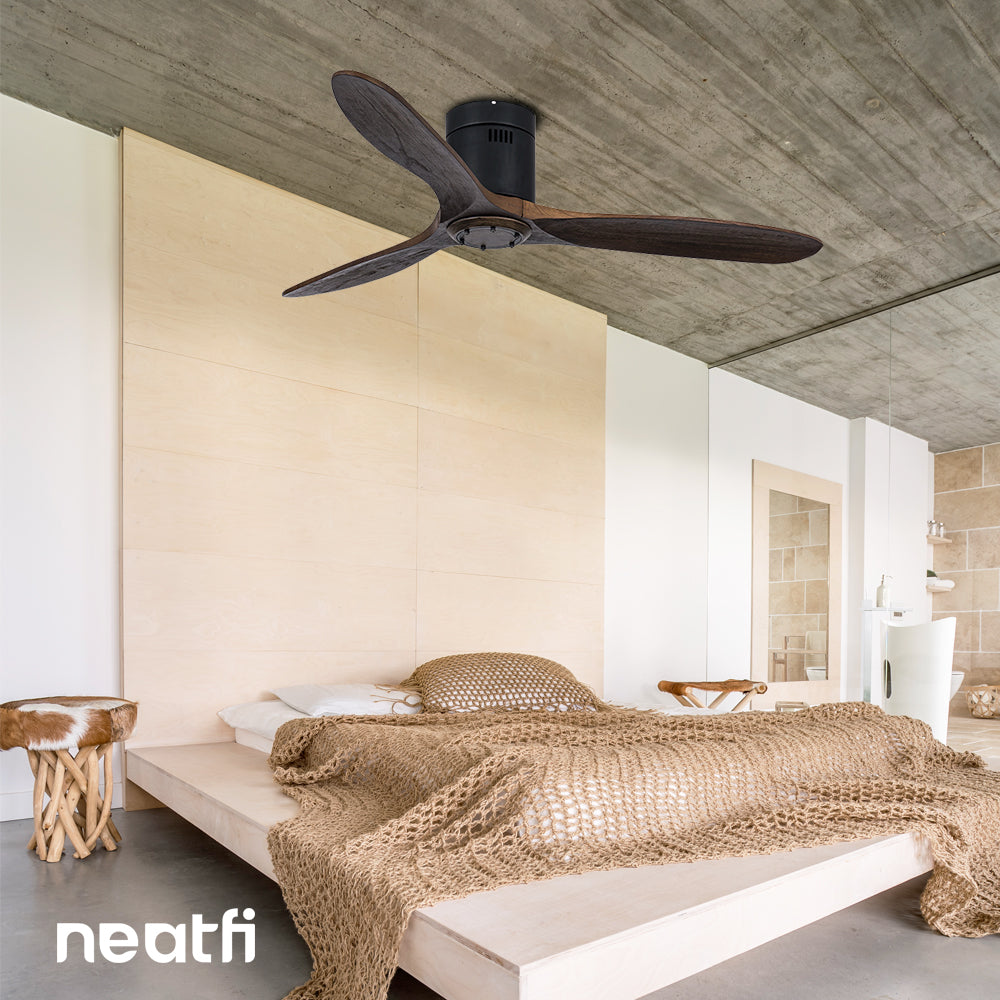 52-inch Ceiling Fan with Remote – 3 Solid Wood Blades, 6-Speed, Quiet DC Motor, Flush Mount, Brown