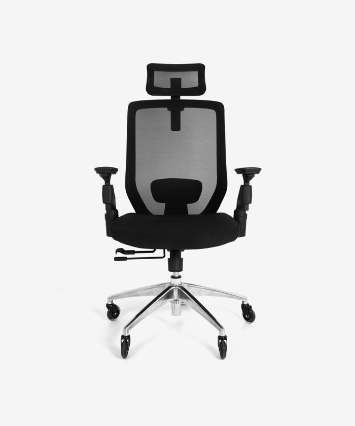 Chaise de bureau Zen avec accoudoirs 4D, appui-tête 2D, soutien lombaire et assise coulissante, chaise en maille à dossier haut avec cadre dorsal en nylon (noir)