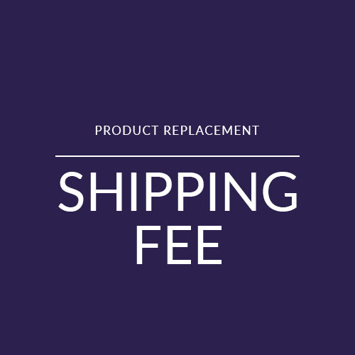 An image with a purple background featuring the text 'PRODUCT REPLACEMENT' and 'SHIPPING FEE' in white and black fonts.